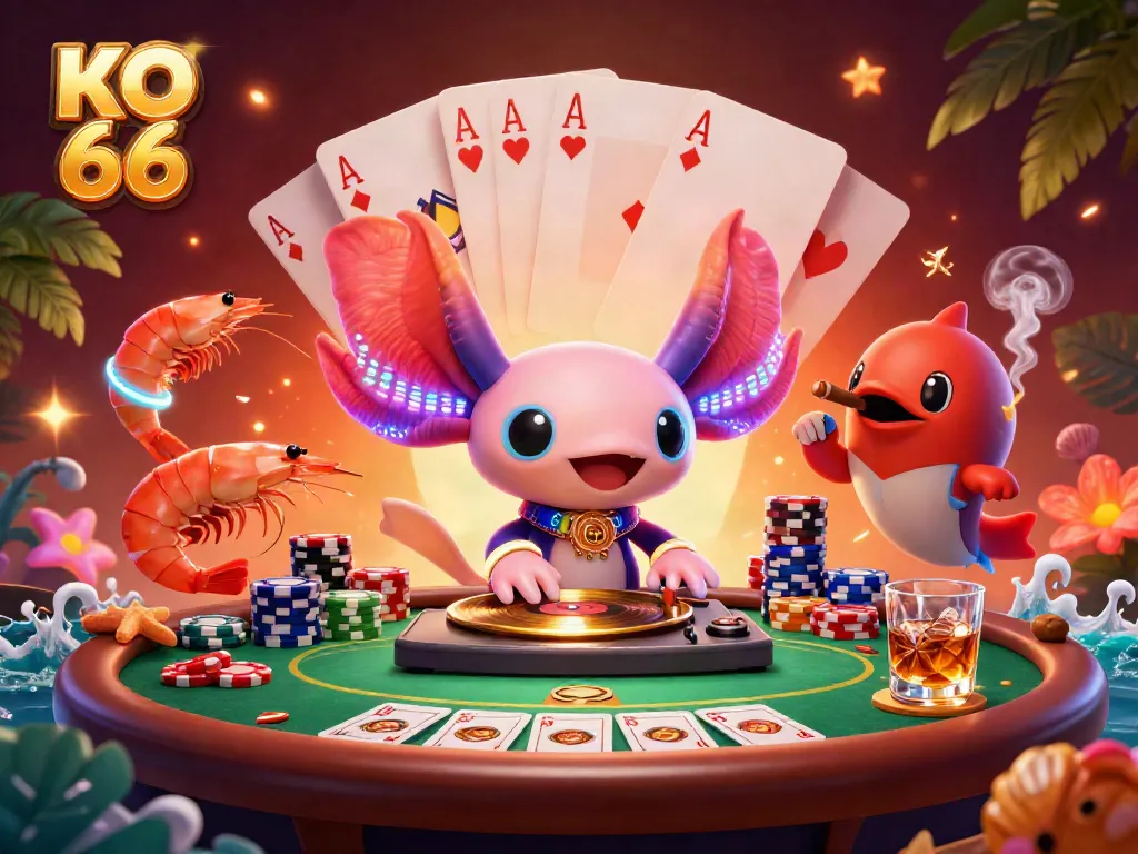 Engage in the vibrant atmosphere of KO 66 casino adventure with a neon axolotl DJ and poker action.
