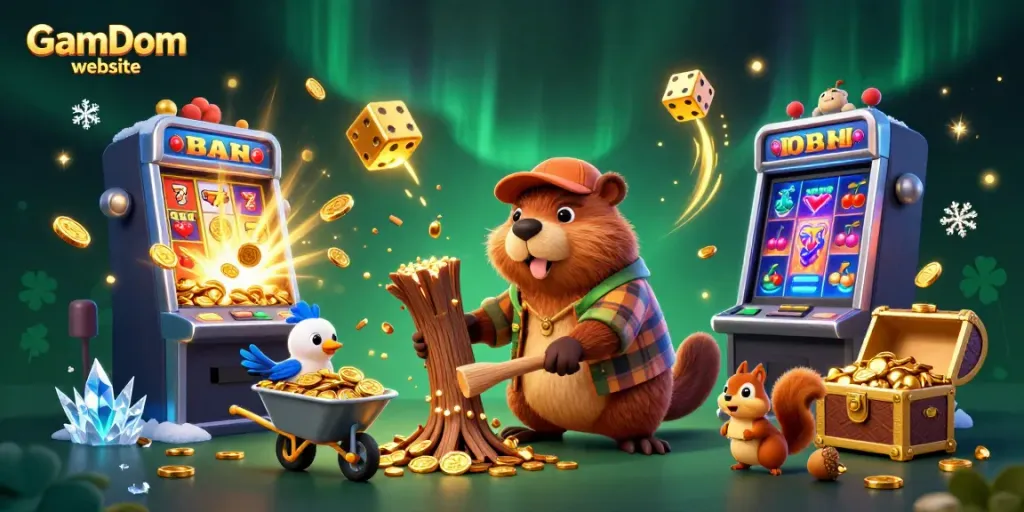 Experience excitement at the GamDom website with colorful casino game illustrations and cartoon characters.