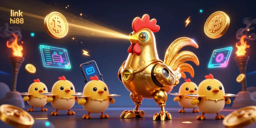 Experience exciting gameplay at link hi88 with a vibrant 3D illustration of golden rooster robot and crypto elements.