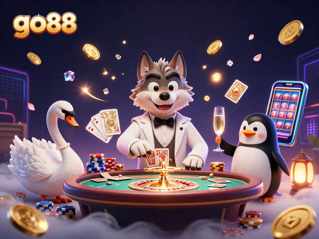 Experience the thrill with go88, where a debonair wolf plays baccarat amidst vibrant casino elements.