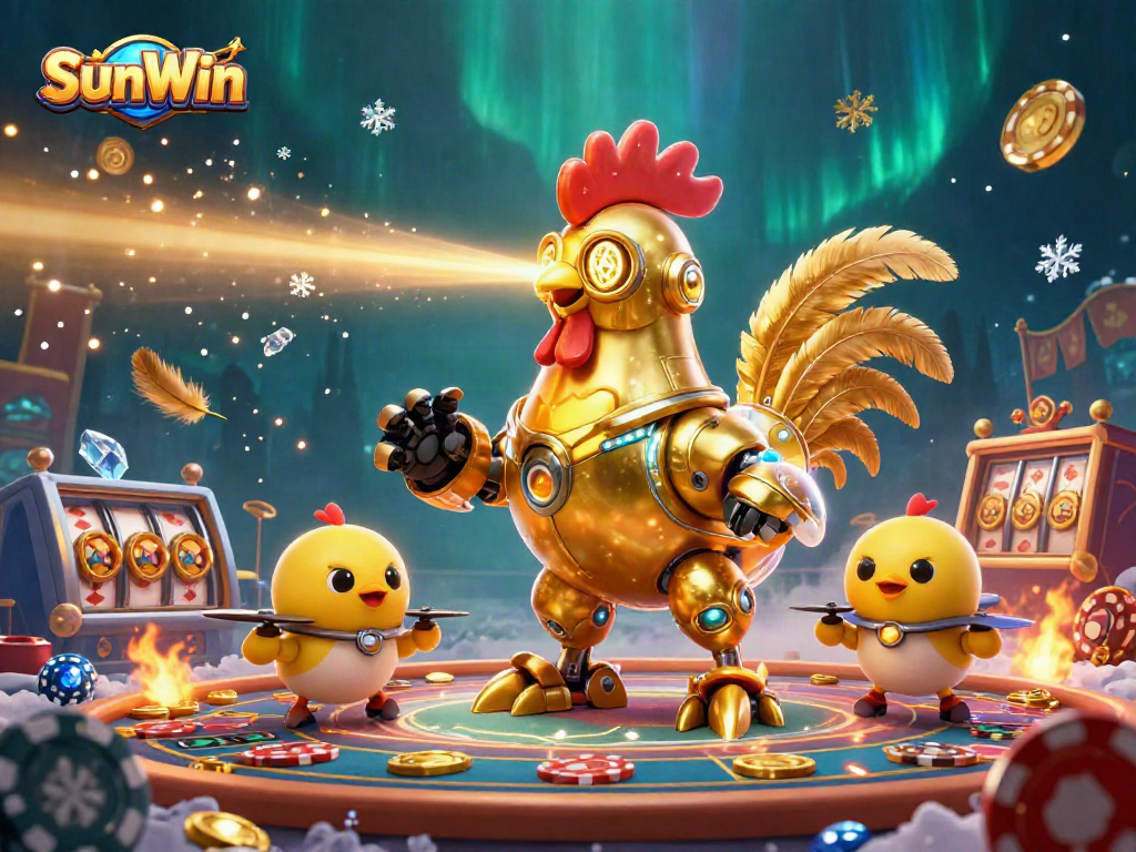 Experience thrilling gameplay with SunWin as a golden rooster robot leads the action in an exciting casino scene.