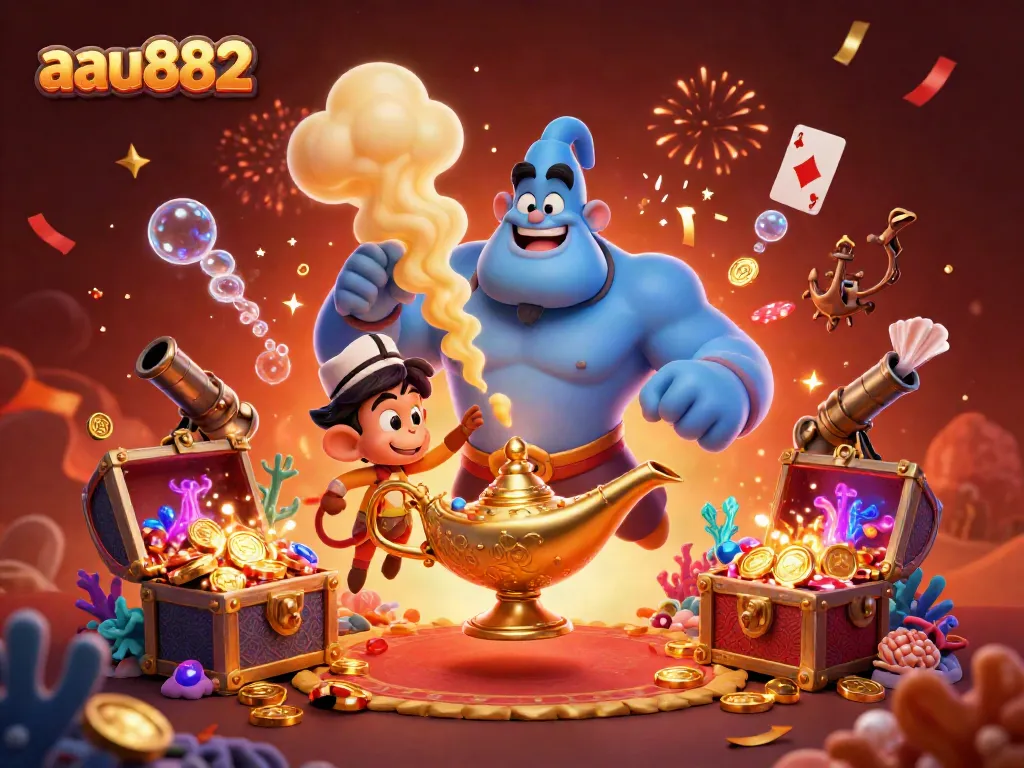 High-energy aau882 scene with a genie, poker chips on a magic carpet, and casino treasures flying