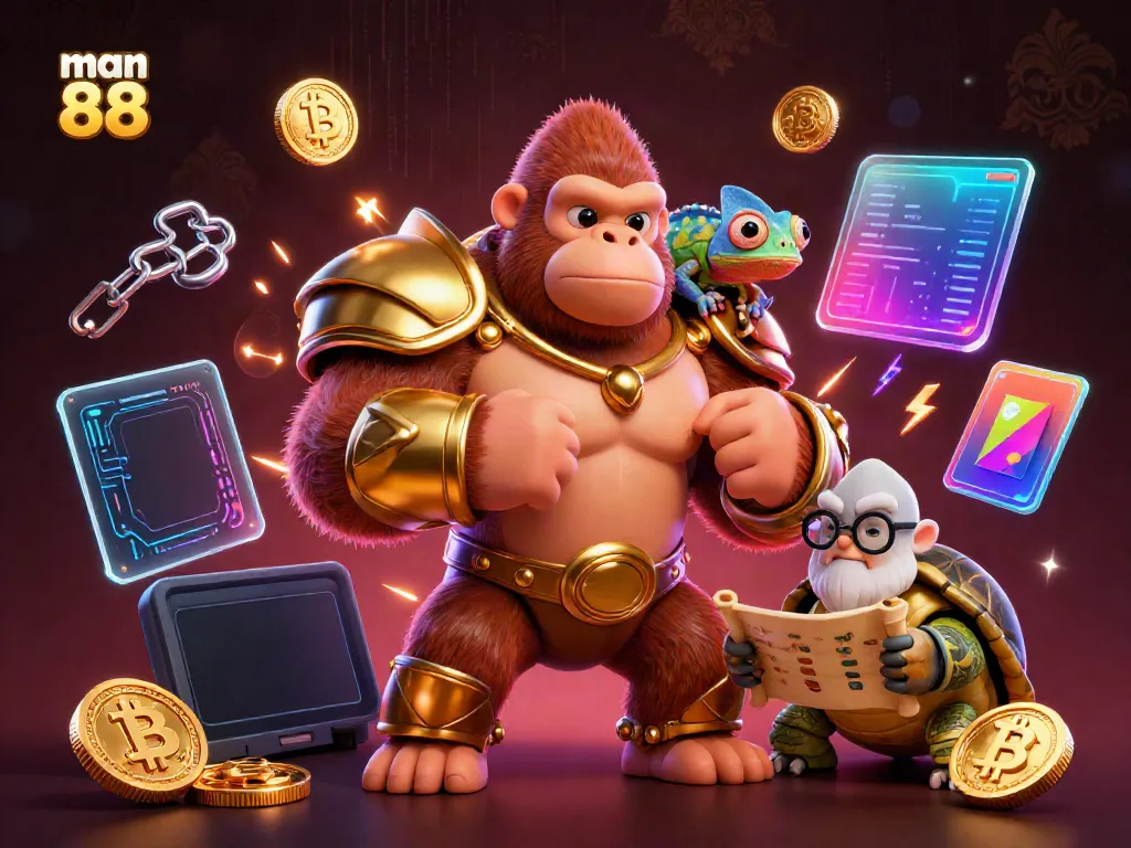 Dynamic 3D representation of man 88 featuring engaging characters and crypto elements in a vibrant casino scene.
