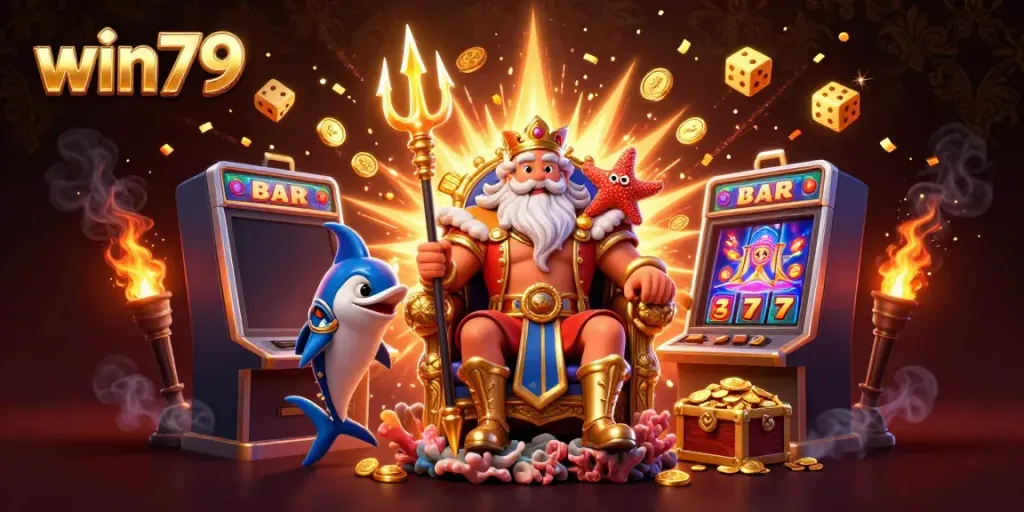 Win79 casino illustration showcasing Neptune and a slot machine with a jackpot explosion.