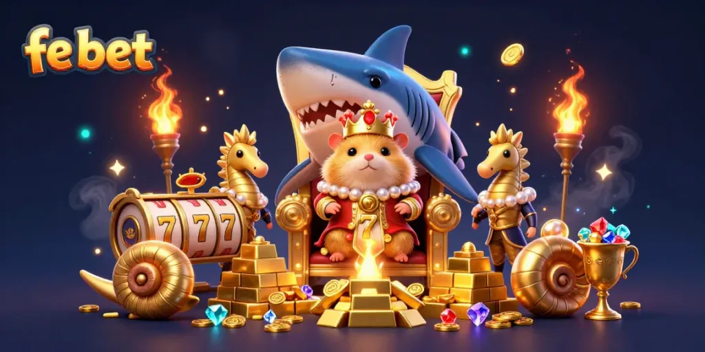fe bet showcases thrilling casino excitement with a golden hamster king and treasures in a vibrant scene.