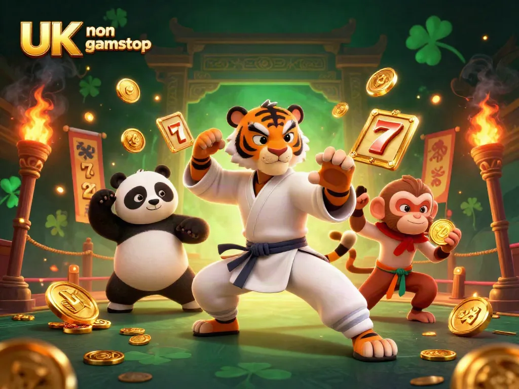 Engaging illustration of UK non gamstop casinos featuring a kung fu tiger master and playful characters.