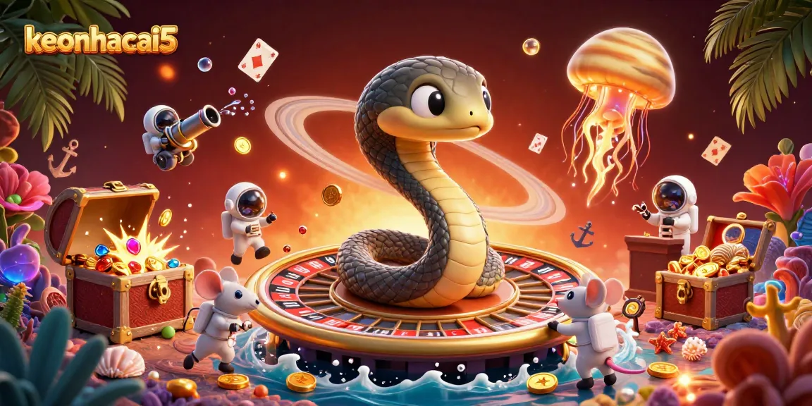 Engage with keonhacai5 in this vibrant cosmic casino scene featuring animated characters and thrilling game elements.