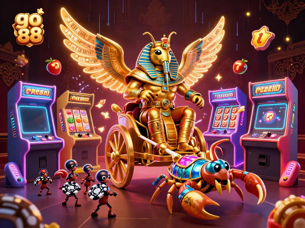 Experience the excitement of go 88 with a dynamic 3D illustration featuring a golden scarab beetle in a casino chariot.