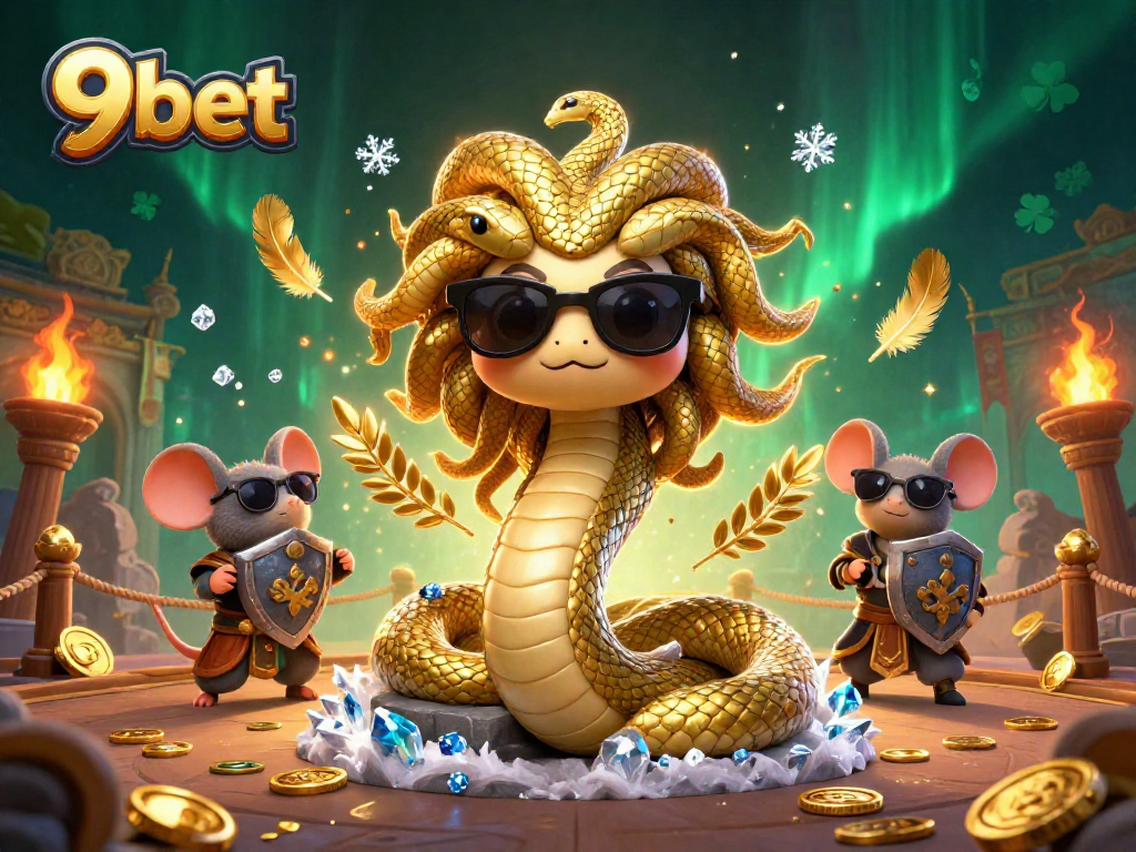 Experience the thrill of winning at 9bet with a lively Medusa and warrior mouse in a vibrant casino scene.