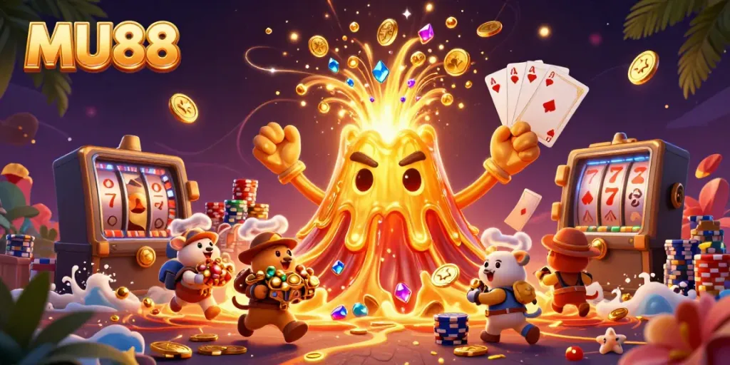 Win big at MU88 with a golden volcano erupting treasures in a vibrant casino scene