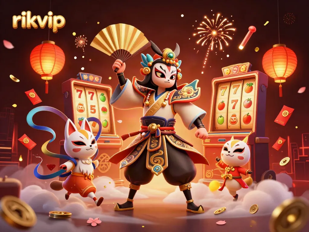 Experience thrilling slots action with rikvip's vibrant 3D casino scene showcasing dynamic characters and festive decorations.