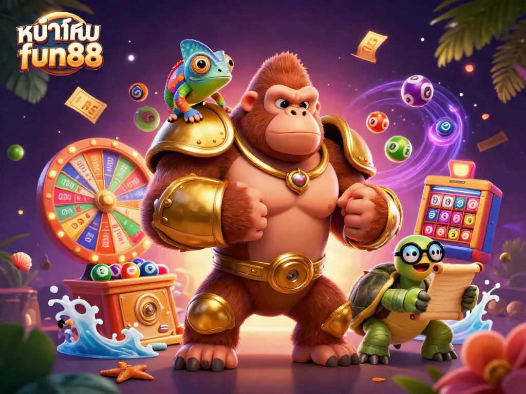 Play the exciting games at หน้าแรก fun88 with our vibrant 3D illustration showcasing amazing prizes and gaming action.