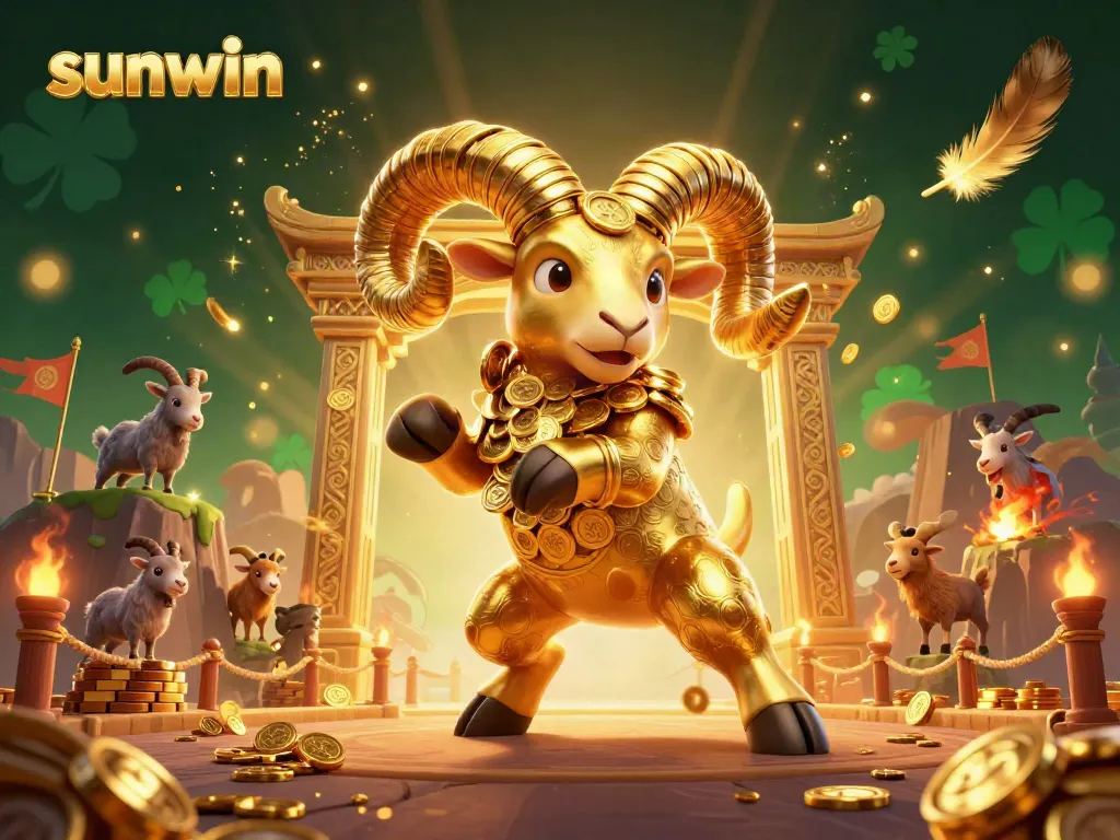 Watch the golden ram charge through the sunwin casino gates, surrounded by animated gaming symbols.