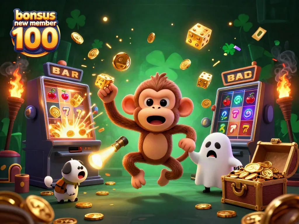 Watch the playful poltergeist monkey juggling coins and cards surrounded by a colorful casino scene with bonus new member 100 offers.