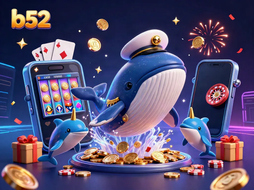 Experience thrilling B52 gameplay with a cartoon whale, narwhal, and dolphins in a casino setting.