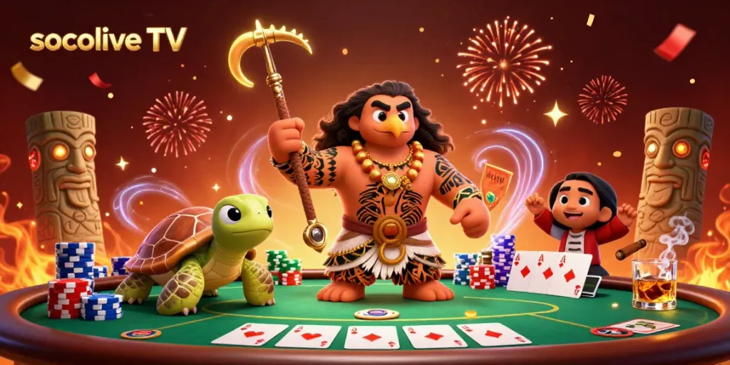 Socolive TV features a dynamic scene of a cartoon hawk and turtle at a vibrant poker table.
