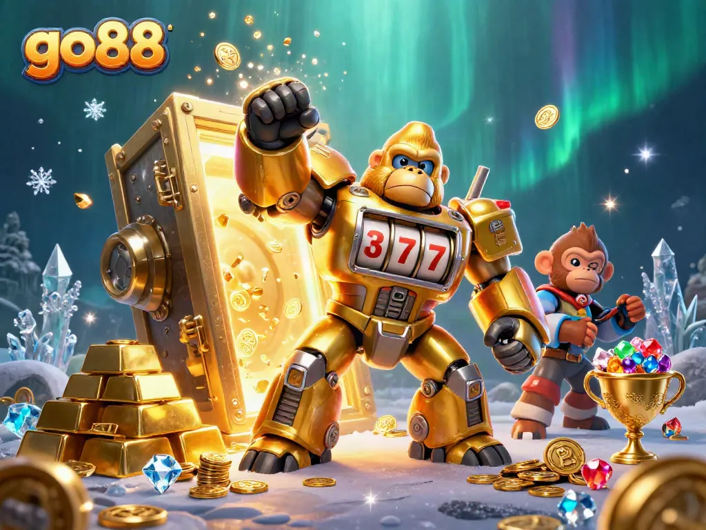 Engage with go88 gaming adventures featuring a golden gorilla mech amidst treasures and slot machines.