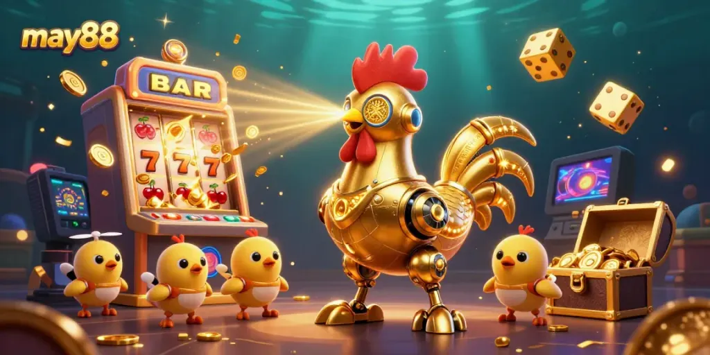 Engage in the vibrant world of may88 with a colorful casino explosion featuring a futuristic golden rooster robot and prizes.