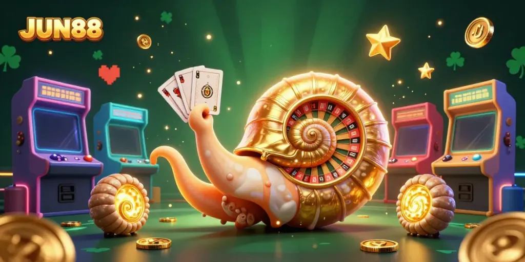 Experience JUN88 casino excitement with a lively 3D scene of a giant nautilus roulette wheel.