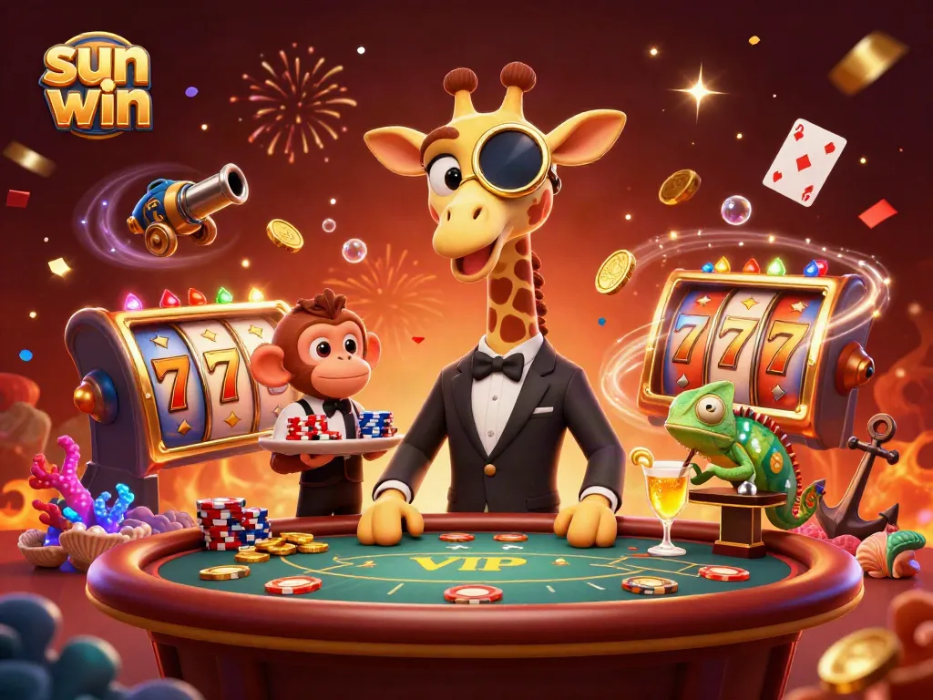 Experience the thrill of sun win gaming with high-stakes giraffe at a VIP poker table amid floating slot elements!