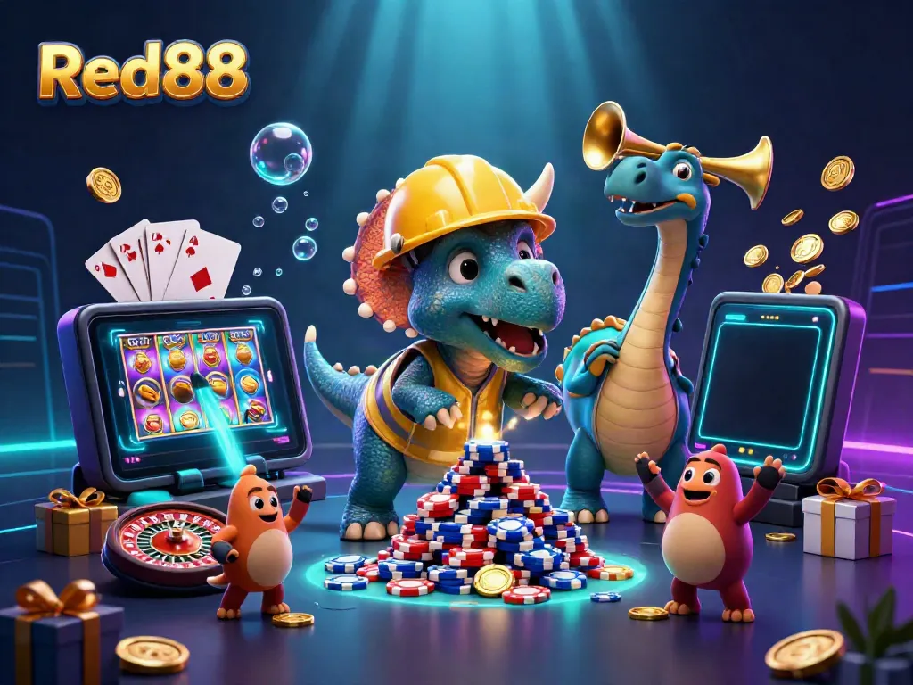 Experience the excitement of Red88 with a vibrant scene featuring a triceratops building poker chips surrounded by casino elements.