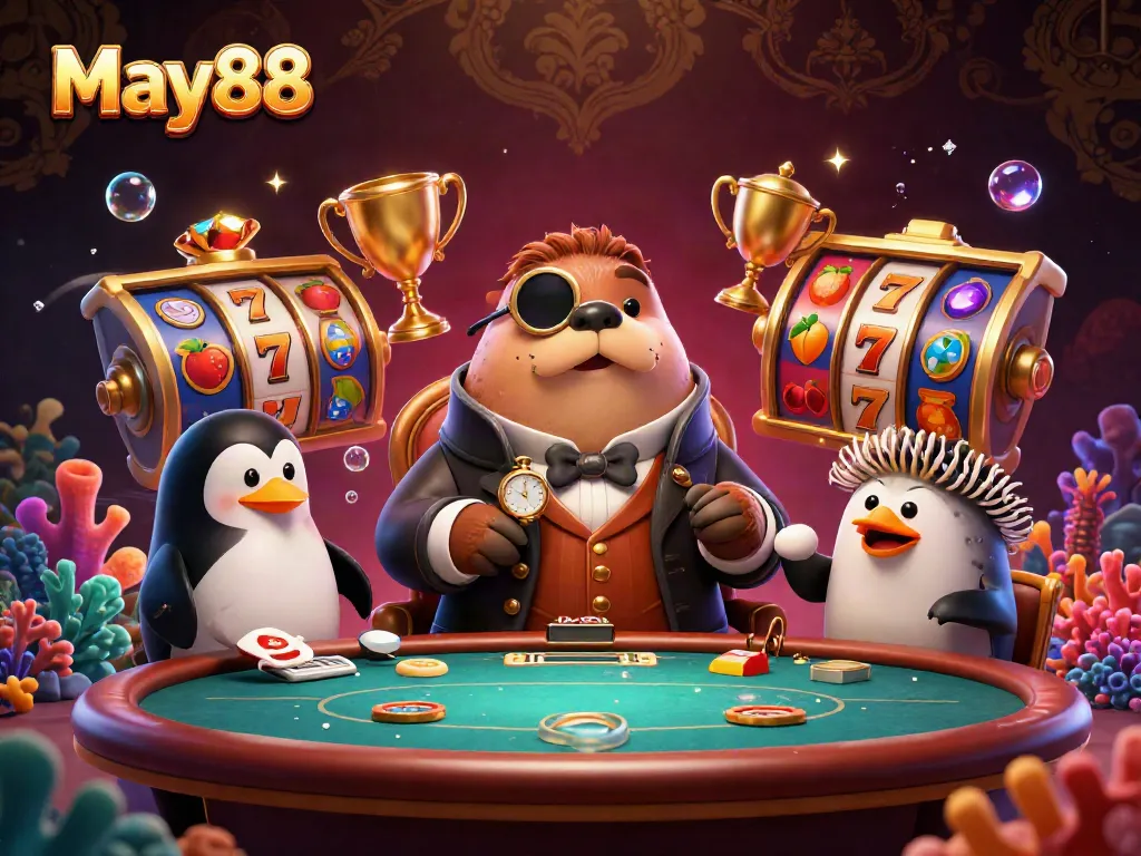 Experience thrilling gameplay at May88 with vibrant underwater casino scenes featuring a jolly walrus and an energetic penguin dealer.