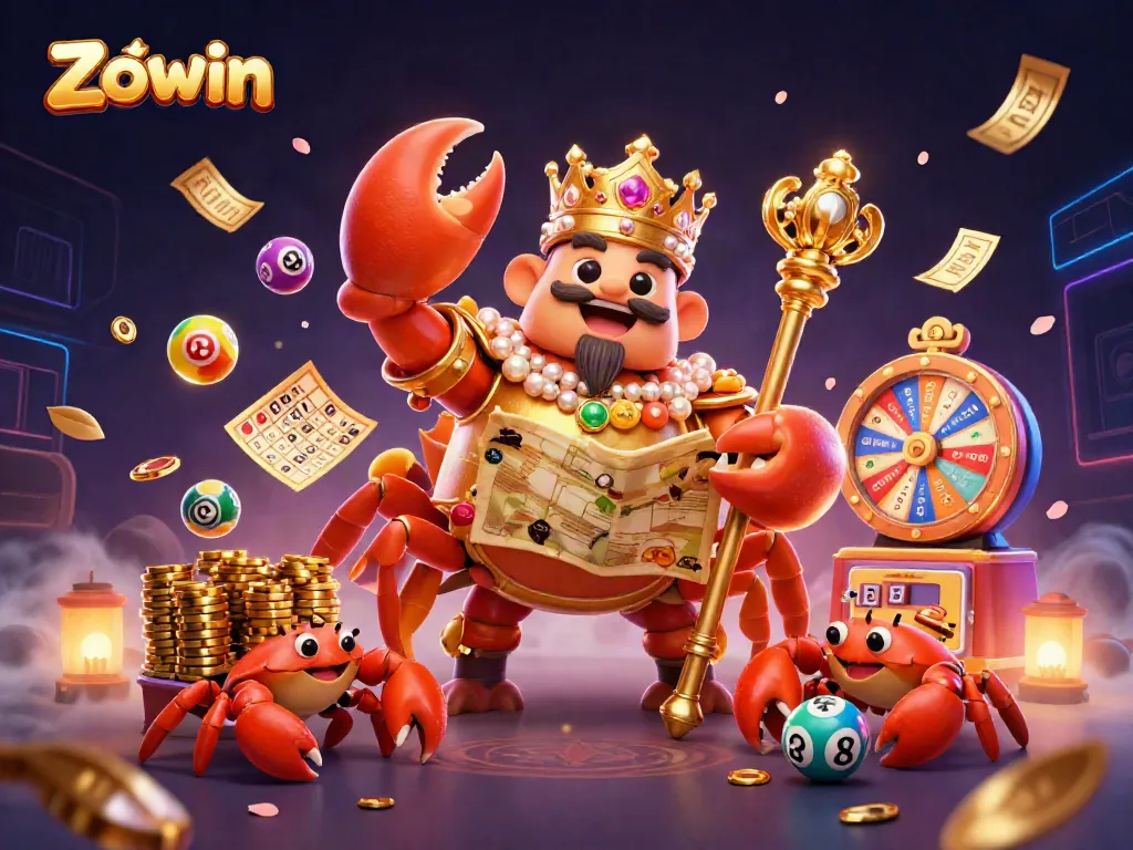 Zowin casino-themed illustration depicting a golden crab emperor and lottery elements, perfect for online gaming promotion.