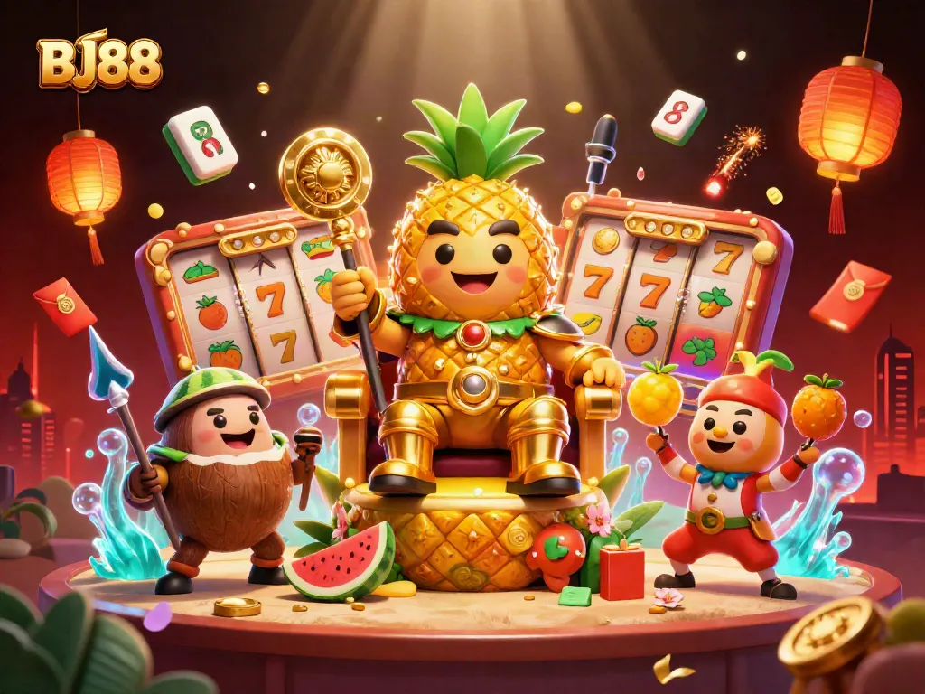 Engage with BJ88 at a vibrant beach casino featuring a pineapple king and dynamic gaming elements.