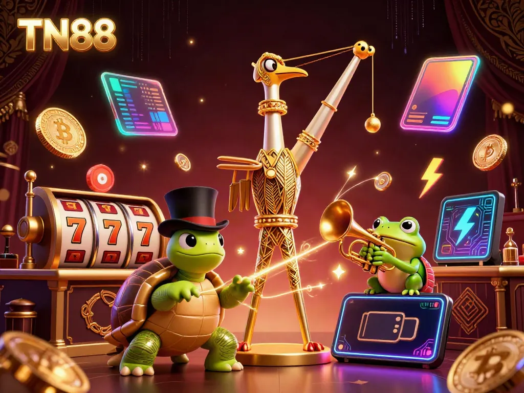 Engage with TN88's vibrant gaming experience featuring lively characters and slot game elements.