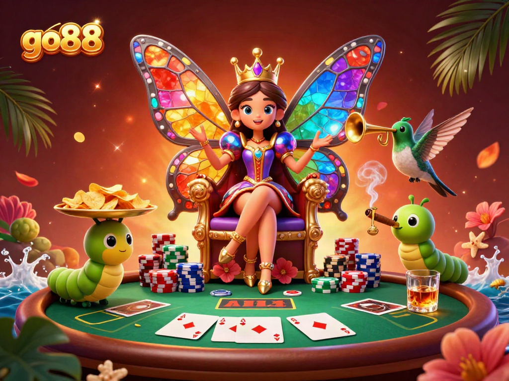 Engage with go88's vibrant casino scene featuring the butterfly queen and poker elements.