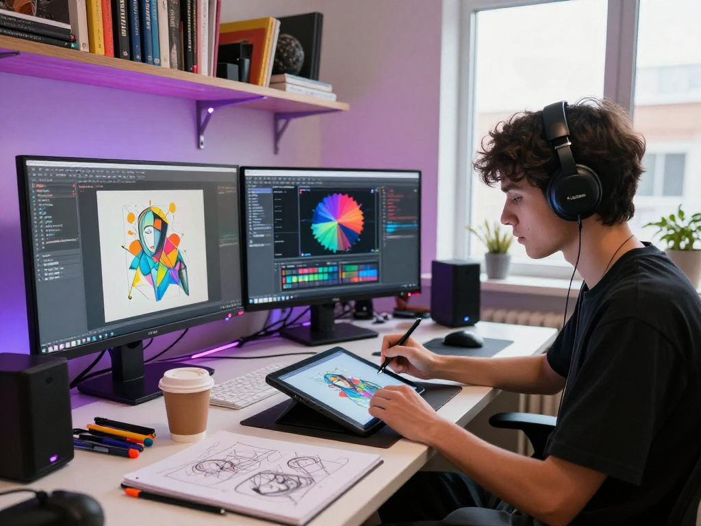 Artist creating NSFW AI-generated artwork in a vibrant digital studio
