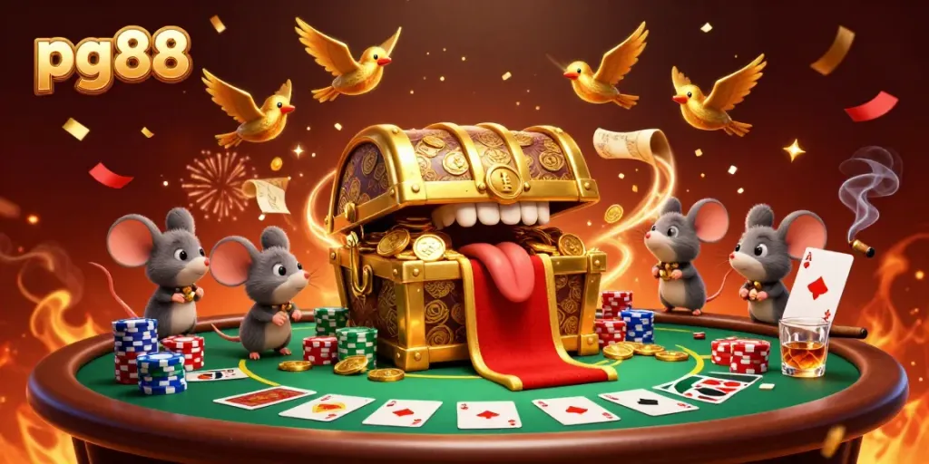 Engage with pg88's charming treasure chest cartoon lure packed with poker chips and celebratory elements.