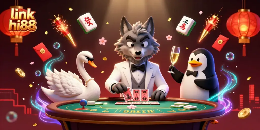 Engage in thrilling gameplay with the link hi88, where a debonair wolf and elegant swan deal cards at the baccarat table.