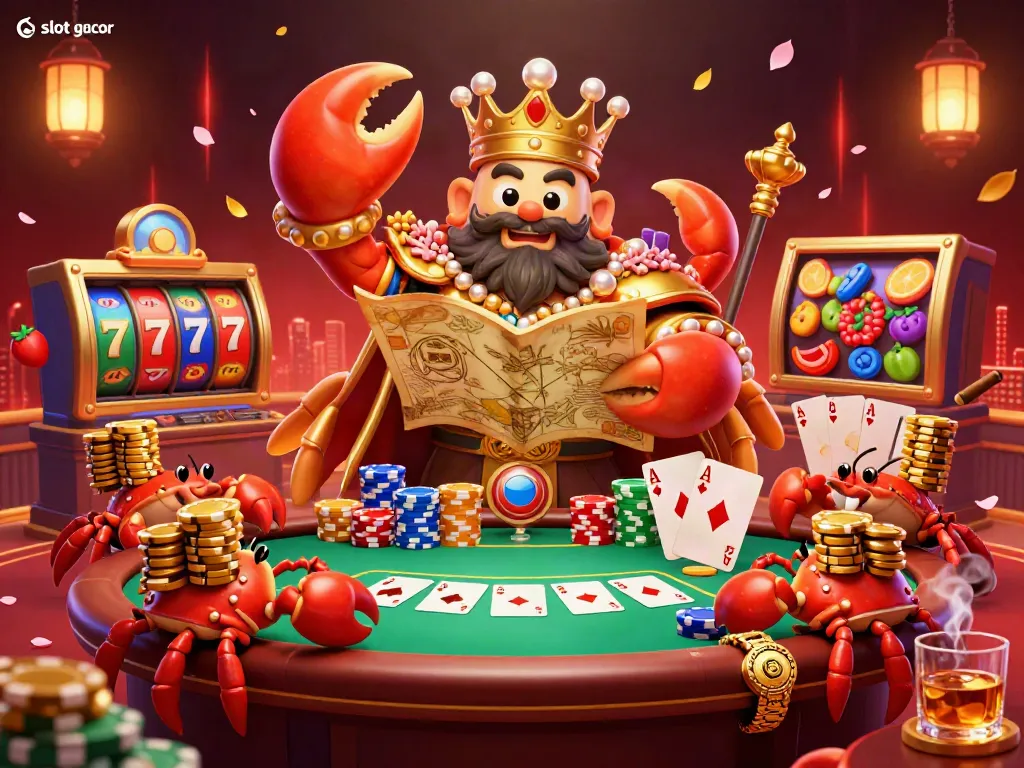 Experience vibrant online gaming action with slot gacor, featuring a golden crab emperor amidst tantalizing casino elements.