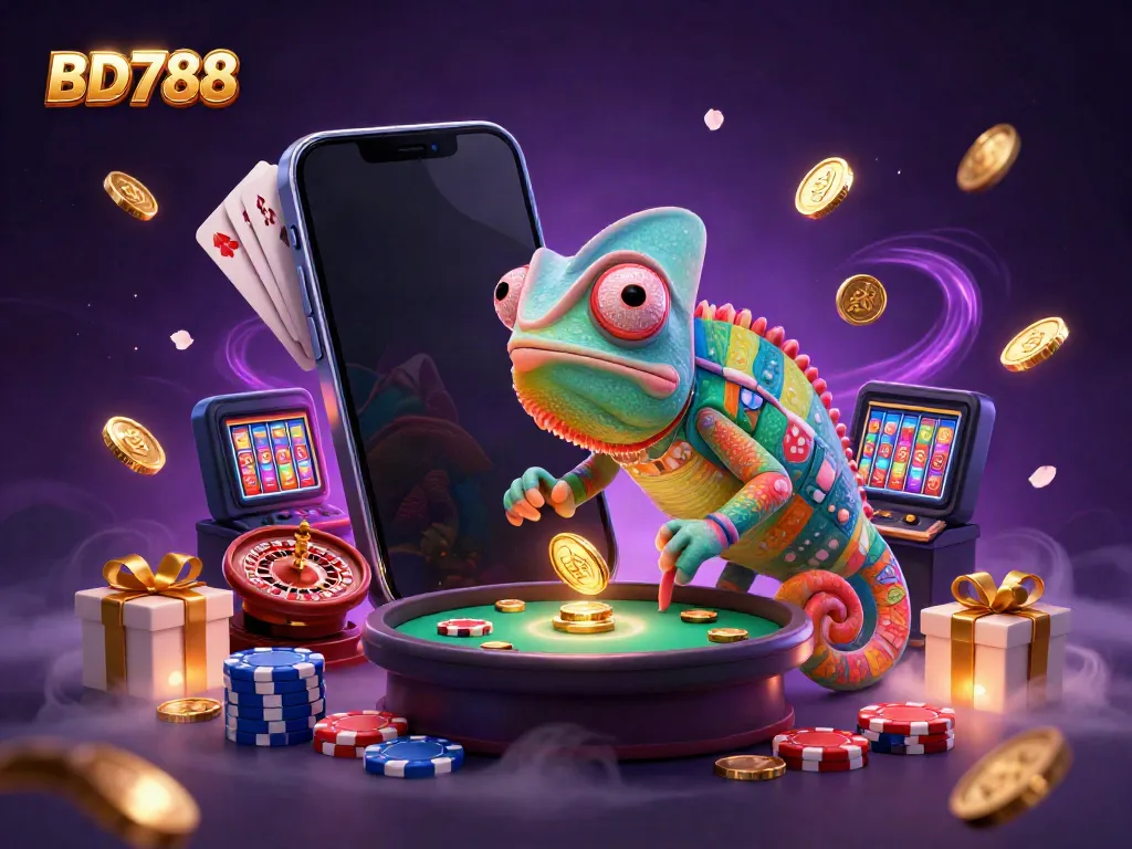 BD788 chameleon casino owner interacts with gambling elements in a vibrant casino scene.