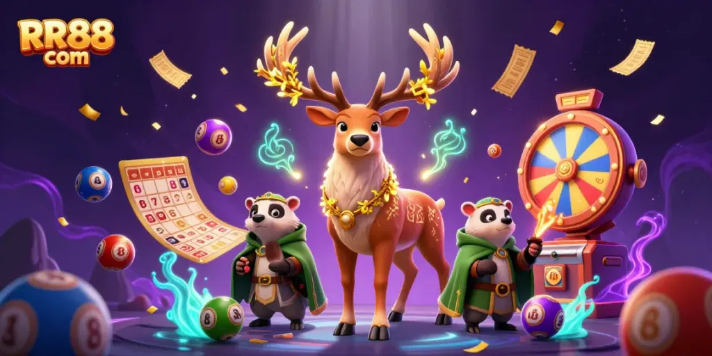 Engage in thrilling gameplay at RR88 com with a magical scene of whimsical characters and lottery-themed elements.