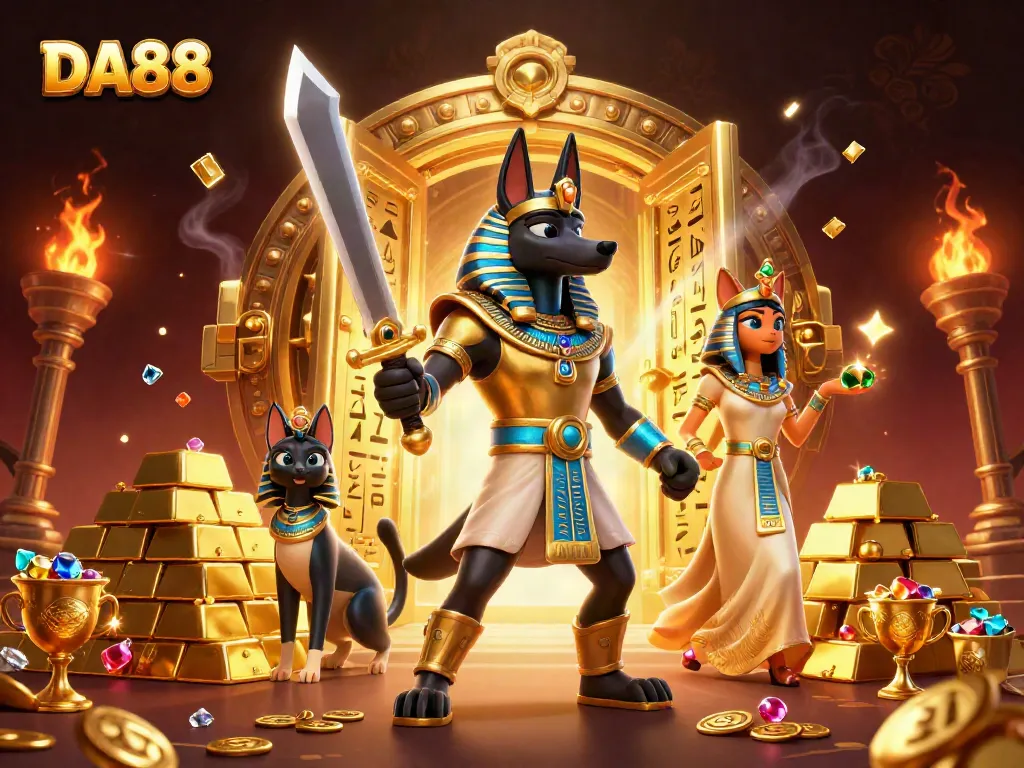 Experience the thrill of DA88 with Anubis and Bastet amidst treasure and gambling action.
