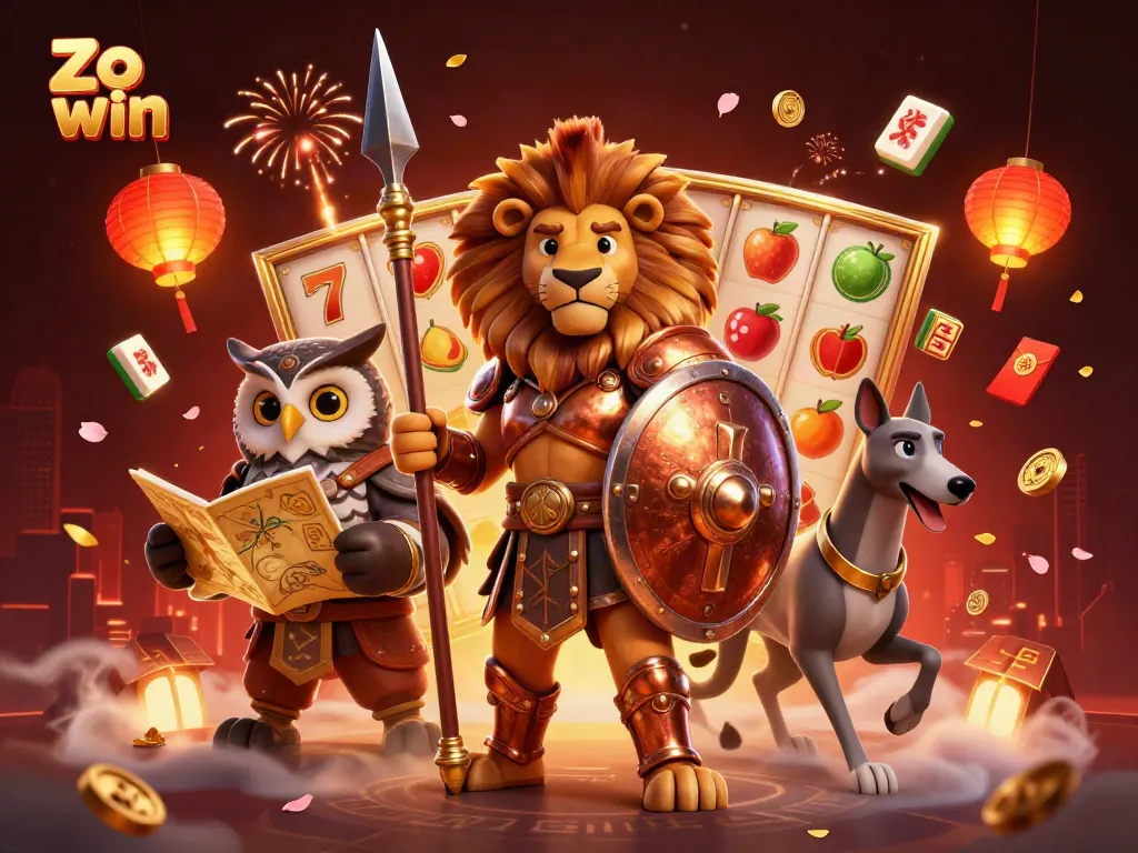Engage with the thrilling atmosphere of Zo win, where a heroic lion and friends navigate a vibrant casino space full of games and excitement.