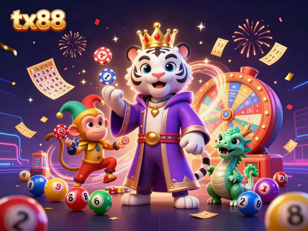 Engage with TX88's vibrant casino scene featuring playful characters and lively game elements.