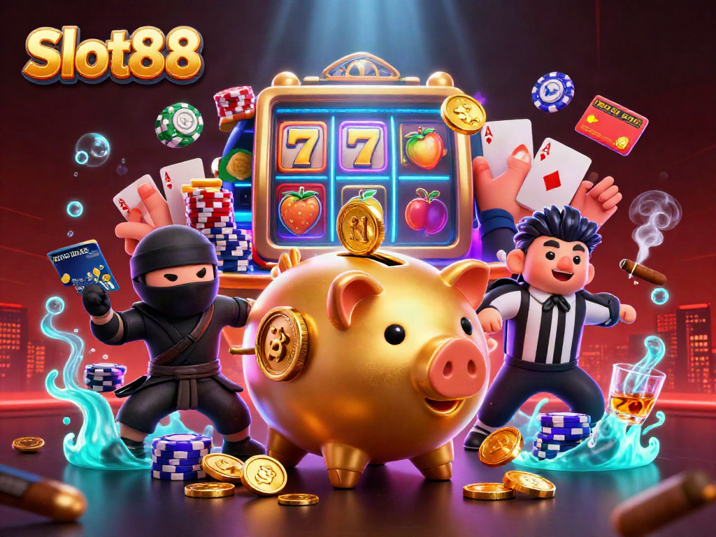Experience Slot88 with a dynamic scene of characters engaging at a vibrant casino.