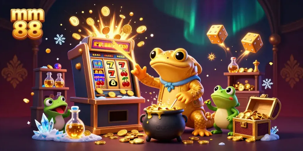 Experience the excitement of mm 88 with golden coins, 3D characters, and a jackpot explosion in this captivating casino scene.