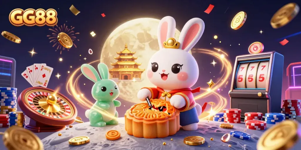 Experience the excitement at GG88 with a festive scene featuring a moon rabbit, poker chips, and dynamic casino elements.