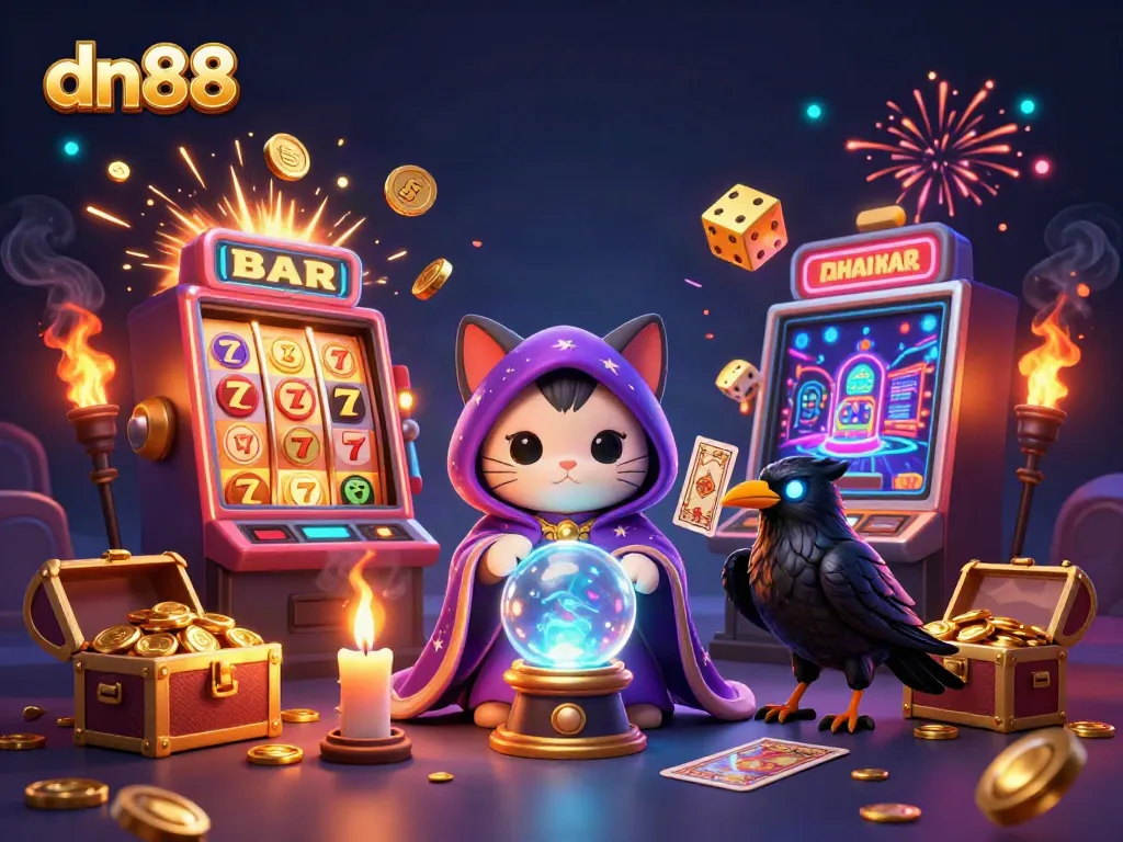 Experience the thrill of dn88 with a mystical cat, raven, and jackpot excitement in this vibrant 3D illustration.
