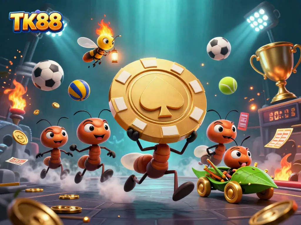 TK88 mice run a heist with a giant poker chip while gamblers celebrate with flying sports balls.