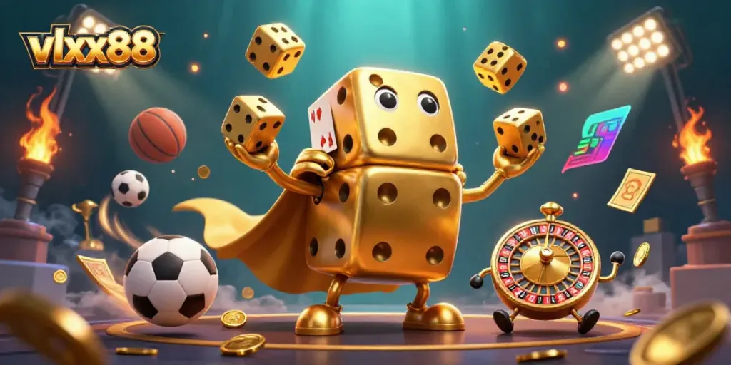 Engage in thrilling gameplay with the vibrant scene of vlxx88, featuring dynamic dice and golden elements.