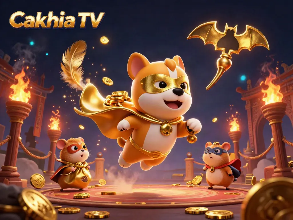 Cakhia TV showcases an exciting 3D illustration of a superhero dog and sidekick amidst a vibrant gaming atmosphere.