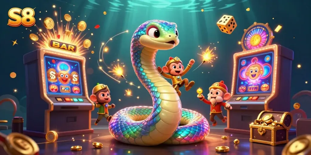 Experience the colorful S8 casino adventure with a vibrant jackpot explosion and playful characters.