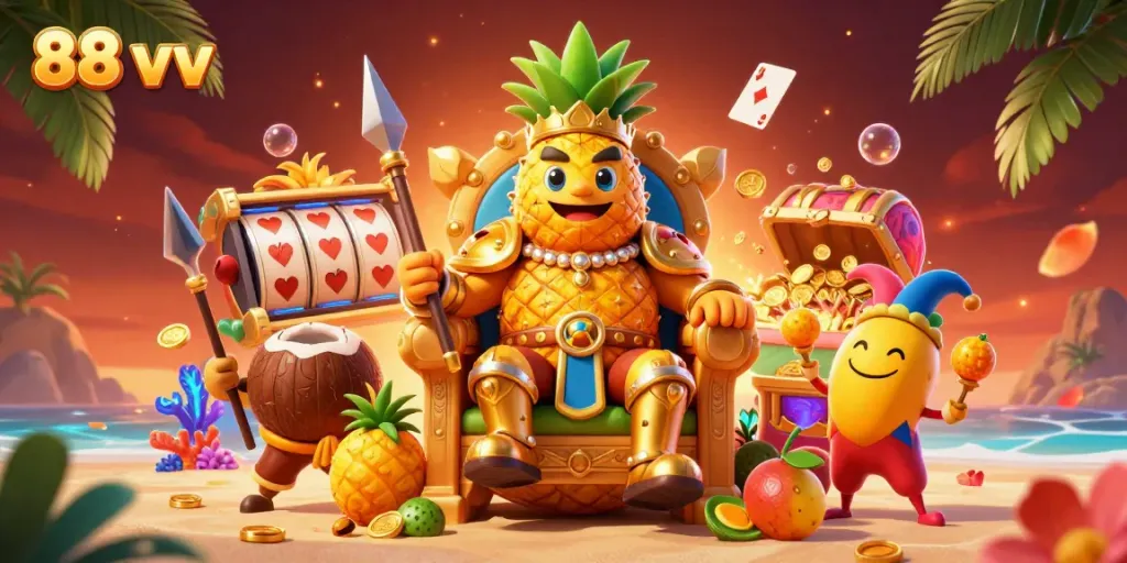 Engage the vibrant beach casino scene with the 88 vv golden pineapple king and lively characters.