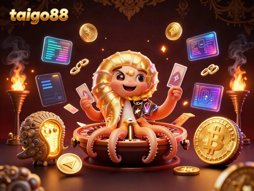 Engage thrillingly with taigo88 in a vibrant 3D casino scene showcasing animated characters and crypto elements.