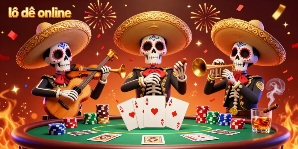 Experience vibrant lô đề online with a dynamic mariachi band and poker elements in a rich 3D scene.